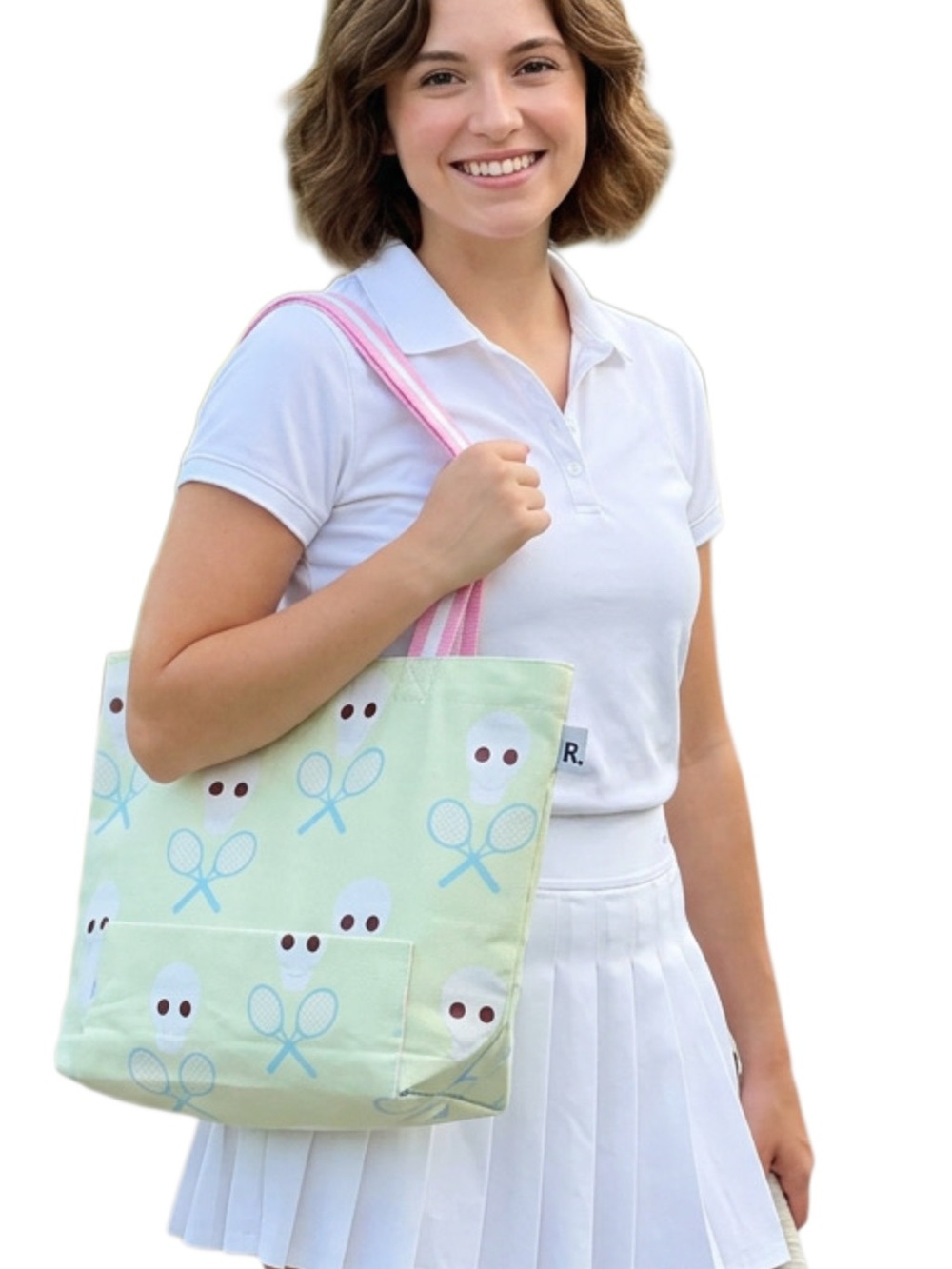 Rootote 
Tennis Anyone? Green Tennis Skull Print Tote Bag Pink Handles New